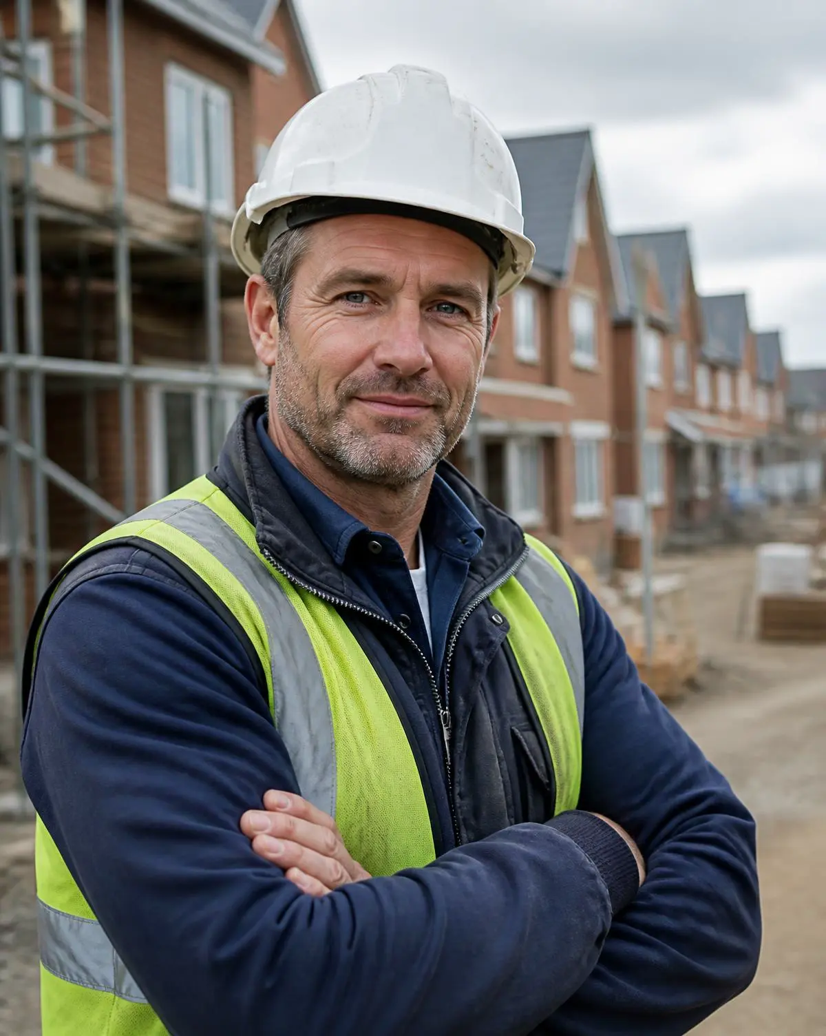 Markus Field on a UK housing site in a white hard hat and hi-vis vest